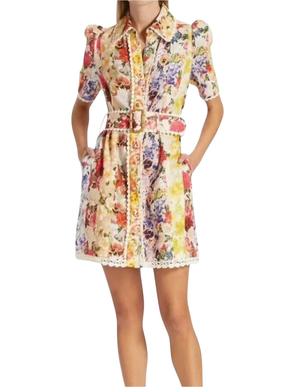 Zimmermann Wonderland Linen Floral Raffia Trim Short Sleeve Collared Midi Dress